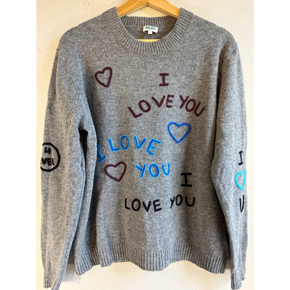 KENZO Unisex Gray Wool Knit Crewneck Pullover Sweater Heart Graphic Size Large